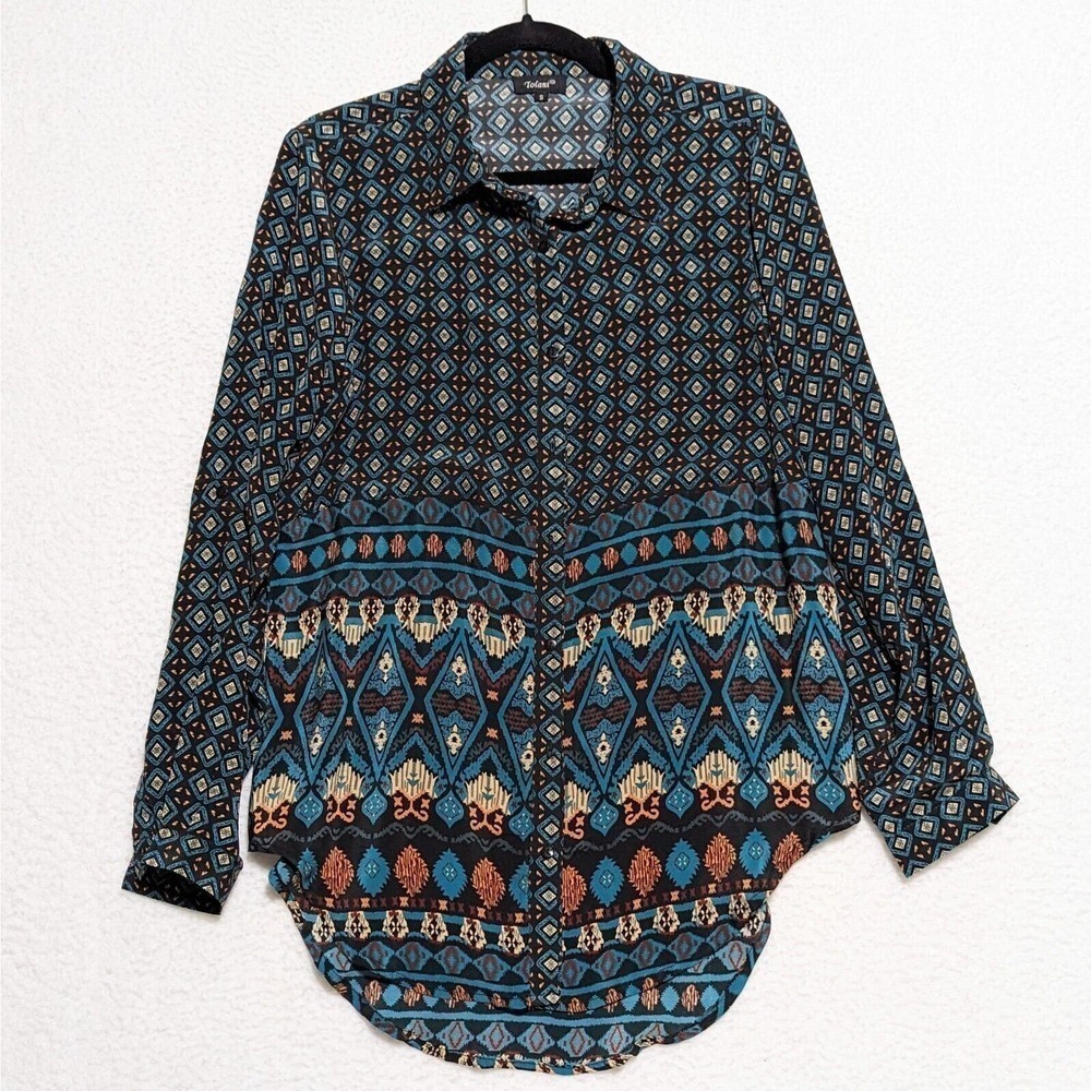 Tolani Silk Tunic Button Up Small Black Aqua Aztec Boho Blouse Prairie Roll Tab